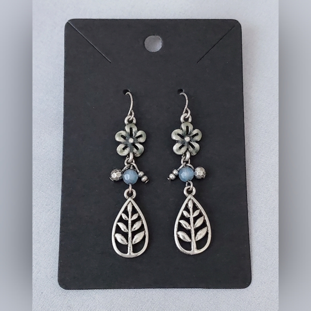 Silver Floral & Blue Bead Drop Earrings